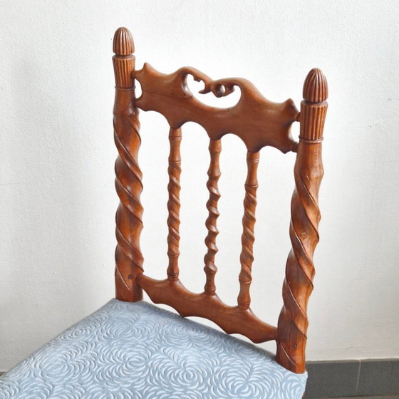 Image 1 of Handcrafted vintage chair from the 1950s in carved wood and velvet, 1950s folk art