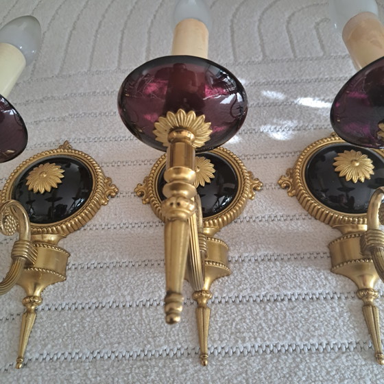 Set van 4 vintage wandlampen – aubergine glas & goud | Hollywood Regency – Metal, Brass (photo 6 of 13)