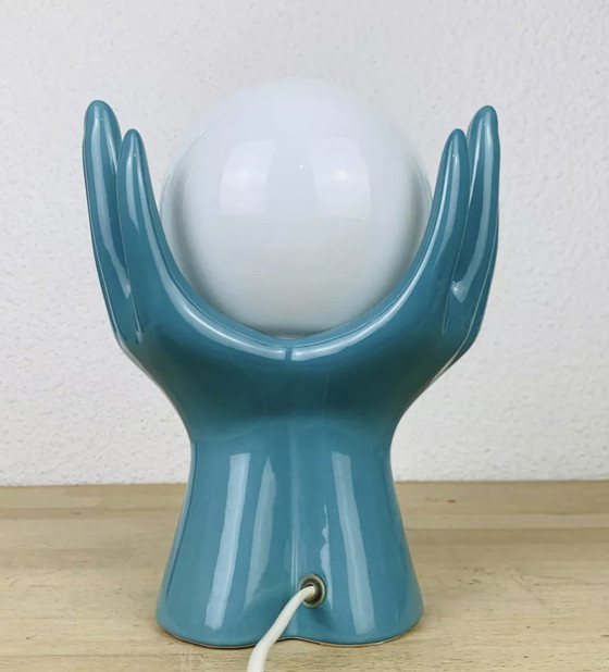 Image 1 of Blue Ceramic and Vintage Glass Globe Hand Lamp