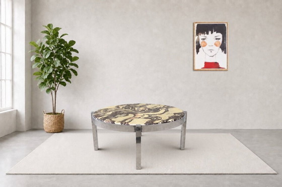 Image 1 of Round Italian coffee table from the 1970s – Breccia marble & chrome