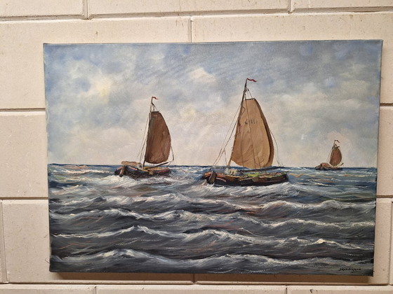 Marine – J. Kaldegnan, Peintures et dessins, Wood, Canvas (photo 7 of 8)