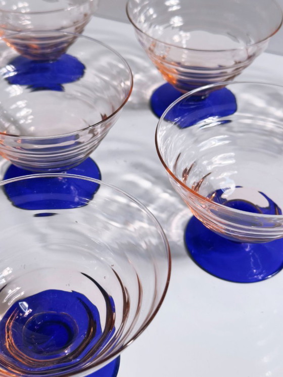 Image 1 of Art Deco Bowl Set Dessert Bowl Italy Empoli 1930s 1940s Cobalt Blue Rosalin Ice Cream Cup Glass Vintage 1980s