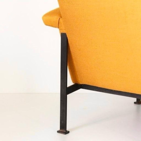 1x Eclectic Mid-Century Modern Sculptural Armchair in Mustard Yellow Fabric, Cotton, Iron (photo 10 of 11)