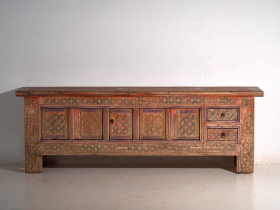 Antiker geschnitzter polychromer Unterschrank aus Tanne – Xinjiang, ca. 1900 – Sideboard (photo 36 of 39)