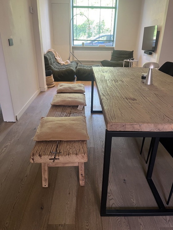 Weathered Elm Dining Table and Bench – Metal, Wood (photo 3 of 6)