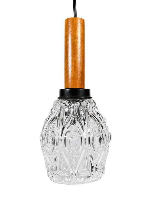 Plafondlamp/hanglamp uit de jaren 60/70 van teakhout en glas, design in de stijl van de mid-century space age. – hanglampen