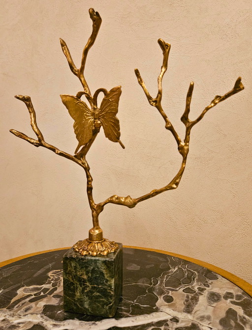 Papillon doré sur une branche - Figurine en laiton avec base en marbre | Décoration vintage élégante