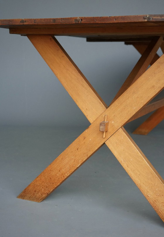 Image 1 of Rustic Cherry & Oak Wood Farmhouse X-Frame Dining Table, 1940s