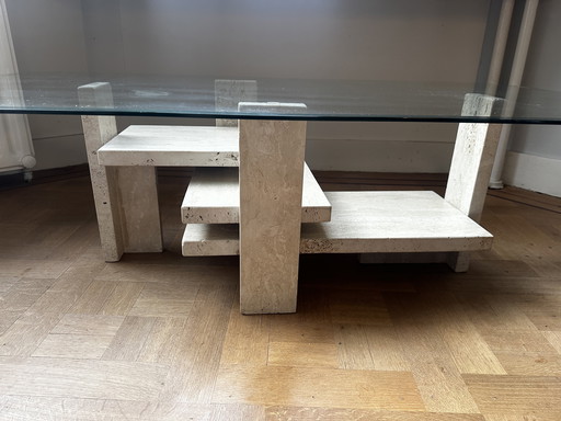 Willy Ballez travertin and glass salon table