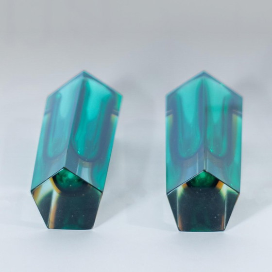 Image 1 of Flavio 2x Poli Murano Sommerso Vasen, Grün & Gelbes Glas, Zweier-Set