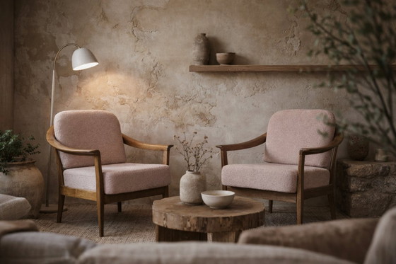 Image 1 of Vintage Mid-Century German Modern Cherry Wood & Dirty Pink Fabric Armchairs from Wilhelm Knoll, 1970s, Set of 2