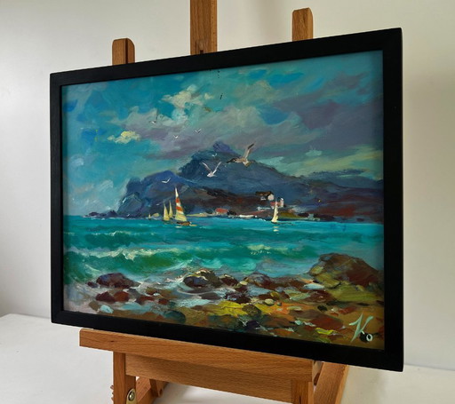 Original Oil Painting Summer Sea Landscape Seagulls over the waves