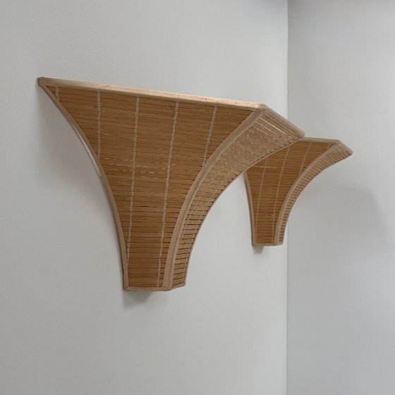 Image 1 of Pair of vintage wall sconces, wooden slats, France, 1980