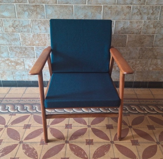 Image 1 of Danish Teak Lounge Chair with Sea Blue-Green Fabric, 1960s