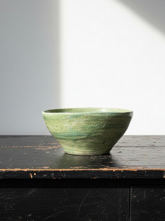 Image 1 of Vintage handmade ceramic bowl, 20th-19th century, celadon green, blue-green, Wabi-Sabi