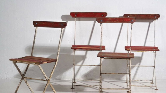 Antique red garden folding chairs (c.1920). Set of 4 pieces – Garden chairs, Wood, Iron (photo 3 of 40)