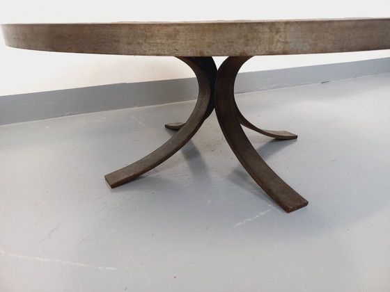 Image 1 of Brutalist vintage round coffee table in metal and slate from the 70s