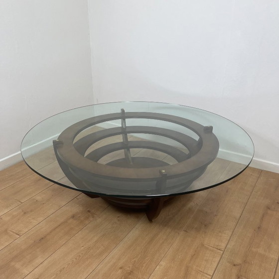 Image 1 of Skulpturaler Couchtisch mit konzentrischen Ringen, Glas und Holz, um 1985