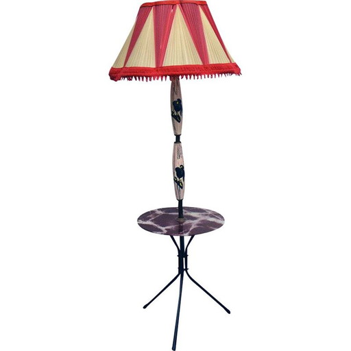 Vintage keramieken vloerlamp met tafel en originele kap, 1950