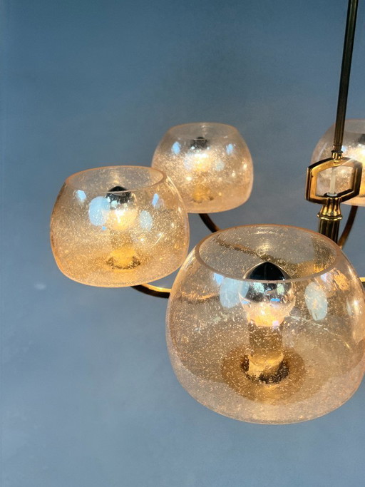 Vintage Brass Chandelier/Pendant Lamp, 6 Arms, Amber Bubble Glass