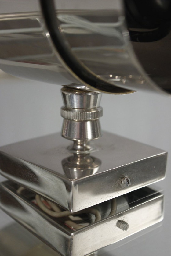 Image 1 of Vintage modernistische Art Deco spiegel en wandlampen, vernikkeld staal, jaren 1950