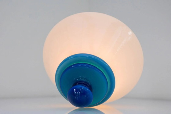 Image 1 of Suspension Art déco scandinave en verre opalin avec détails bleu azur, années 1930