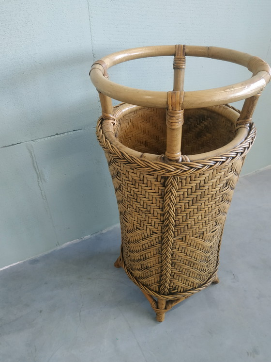 Image 1 of Porte-parapluie vintage en bambou et rotin Porte-plante