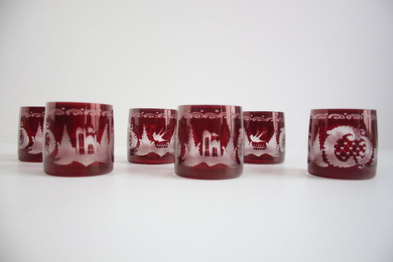 Image 1 of Antique Set of 36 pieces of Artistic cut Ruby red glass, Egermann, 1950's. 