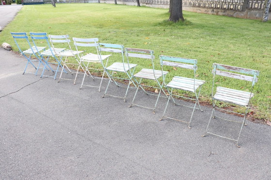 Image 1 of Set of 8 French Bistro Garden Folding Chairs in Iron and Wood Slats