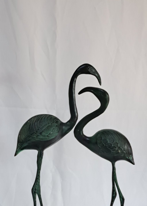 Zwei grün patinierte Messing-Flamingo-Skulpturen
