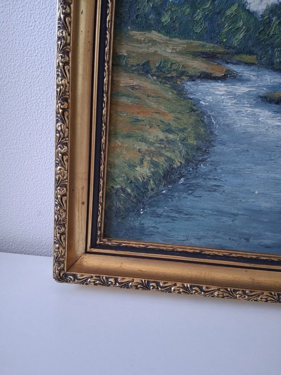 Image 1 of Dipinto originale ad olio su tela con cornice in legno | Paesaggio fluviale | Vintage