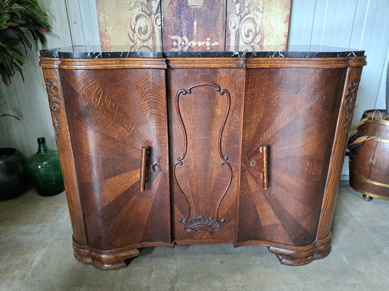 Image 1 of Buffet ancien, console murale, commode avec dessus en marbre 130x55cm et 100cm de haut.