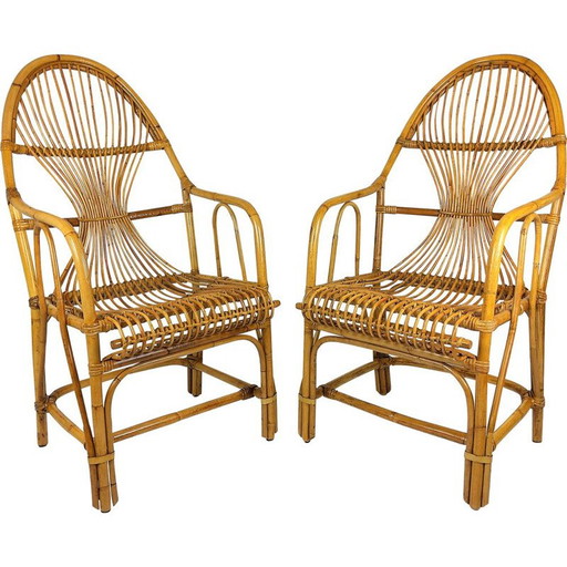 Coppia di grandi poltrone vintage in rattan di bambù, 1960