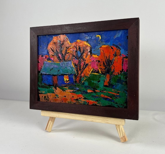 Image 1 of Original Oil Painting Sunset House Landscape When evening falls over the land