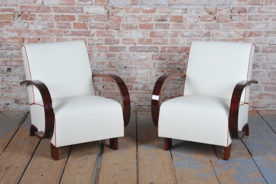 Een paar gerestaureerde art-deco fauteuils, walnoothout, leer, opnieuw gepolijst, Tsjechisch, jaren 1930 (photo 10 of 11)