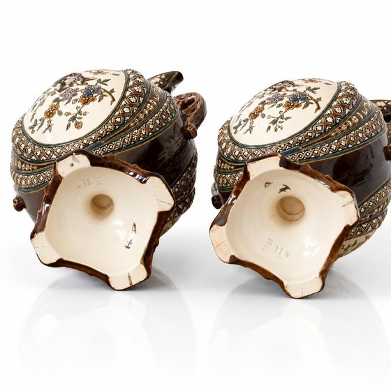 Image 1 of Pair of antique Austrian majolica vases from 1885, signed Gerbing & Stephan
