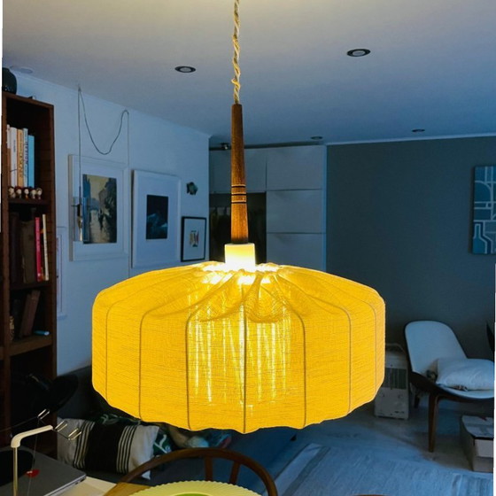 Image 1 of Japandi style wrapped fabric and teak wood hanging lamp shade, Sweden 1950s-60s