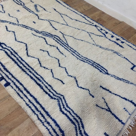 Image 1 of Large Handmade Berber Rug | Moroccan Cream Wool Rug with Blue Patterns