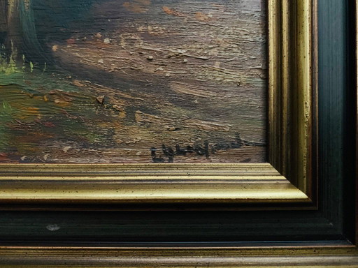 Tableau unique signé, pont dans la forêt. Avec cadre en bois.