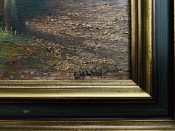 Image 1 of Tableau unique signé, pont dans la forêt. Avec cadre en bois.