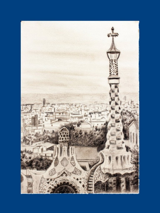 Drawing of Barcelona as seen from Park Güell. Park Güell drawing. Charcoal drawing of Barcelona. Painting of Barcelona. New.