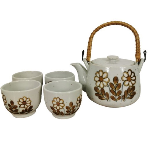 Vintage mid century theeservies. Theepotje en vier kommetjes. Keramiek