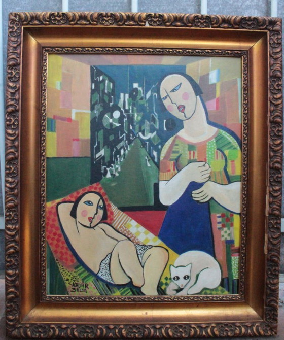 Image 1 of 1960s Béla Kádár (Attr.) Modernist Figural Composition Nude and Cat