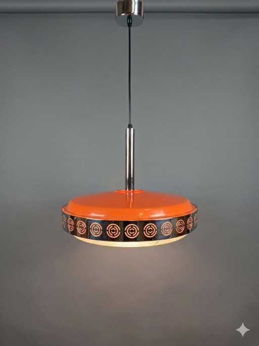 Lampada a sospensione vintage "UFO" in stile Space Age | Massive Belgium | Arancione e cromo - Anni '70