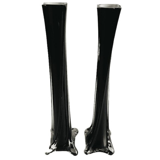 Image 1 of Vintage set of mid-century slimline vases in black glass, 1970s