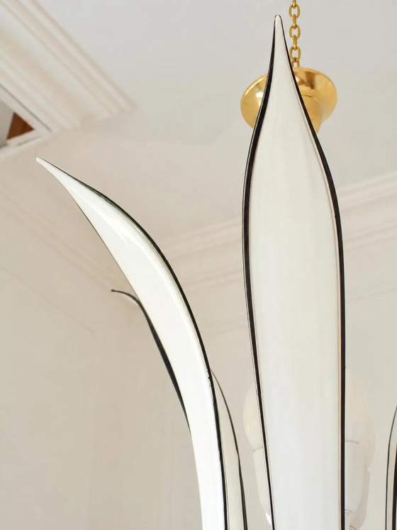 Echte Vistosi Palms Murano Glazen Kroonluchter, Jaren 70 Italiaans Messing, 6 Bladeren, 4 Lichten – Metal (photo 10 of 10)