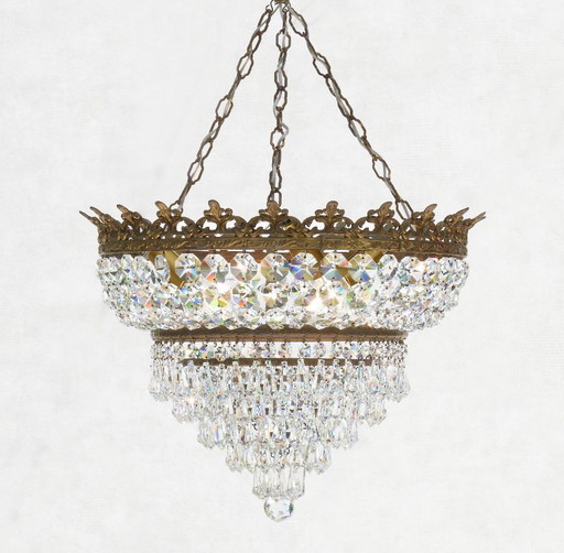 French Tiered Crown Waterfall Crystal Chandelier C1930