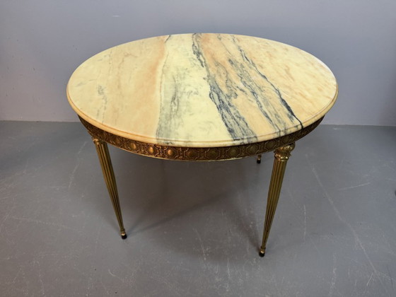 Image 1 of Mid-Century Stylish Marble Centre Table with Beautifully Decorated Brass Frame and Legs Attributed to Maison Jansen. France,1950