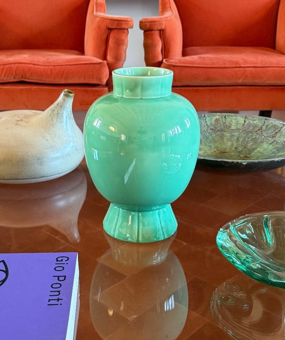 Image 1 of Paul Millet, Art Deco vaas van groen keramiek, Sevres Frankrijk jaren 1930