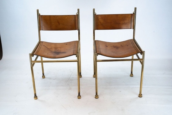 Image 1 of Set van 4 messing en lederen stoelen van Luciano Frigerio, Italië, jaren 70.